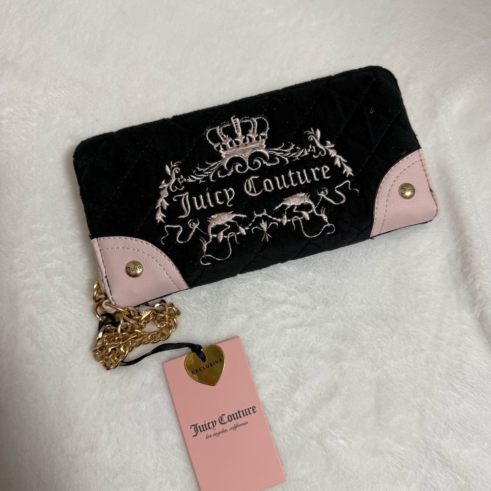 Juicy Couture Black Velour Wallet Pink Trim Crown Crest Y2K McBling